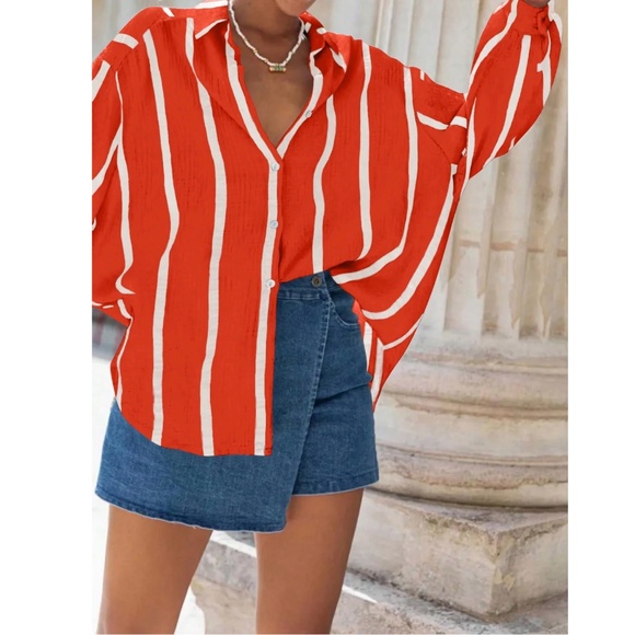 Red with White Stripes Oversized Button Down Shirt Long Sleeve - Picture 2 of 7